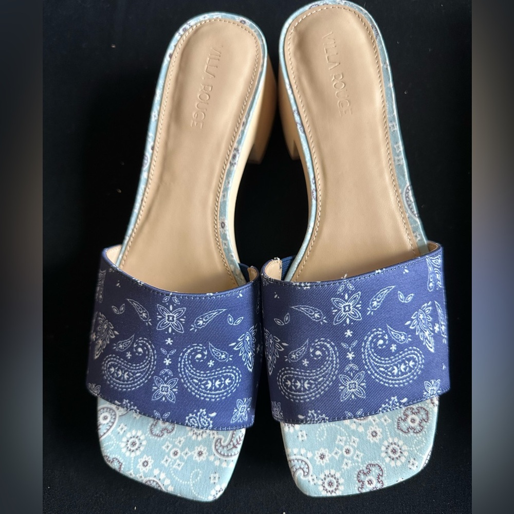 New Villa Rouge Blue Paisley bandana print Women Sandals block heel slides